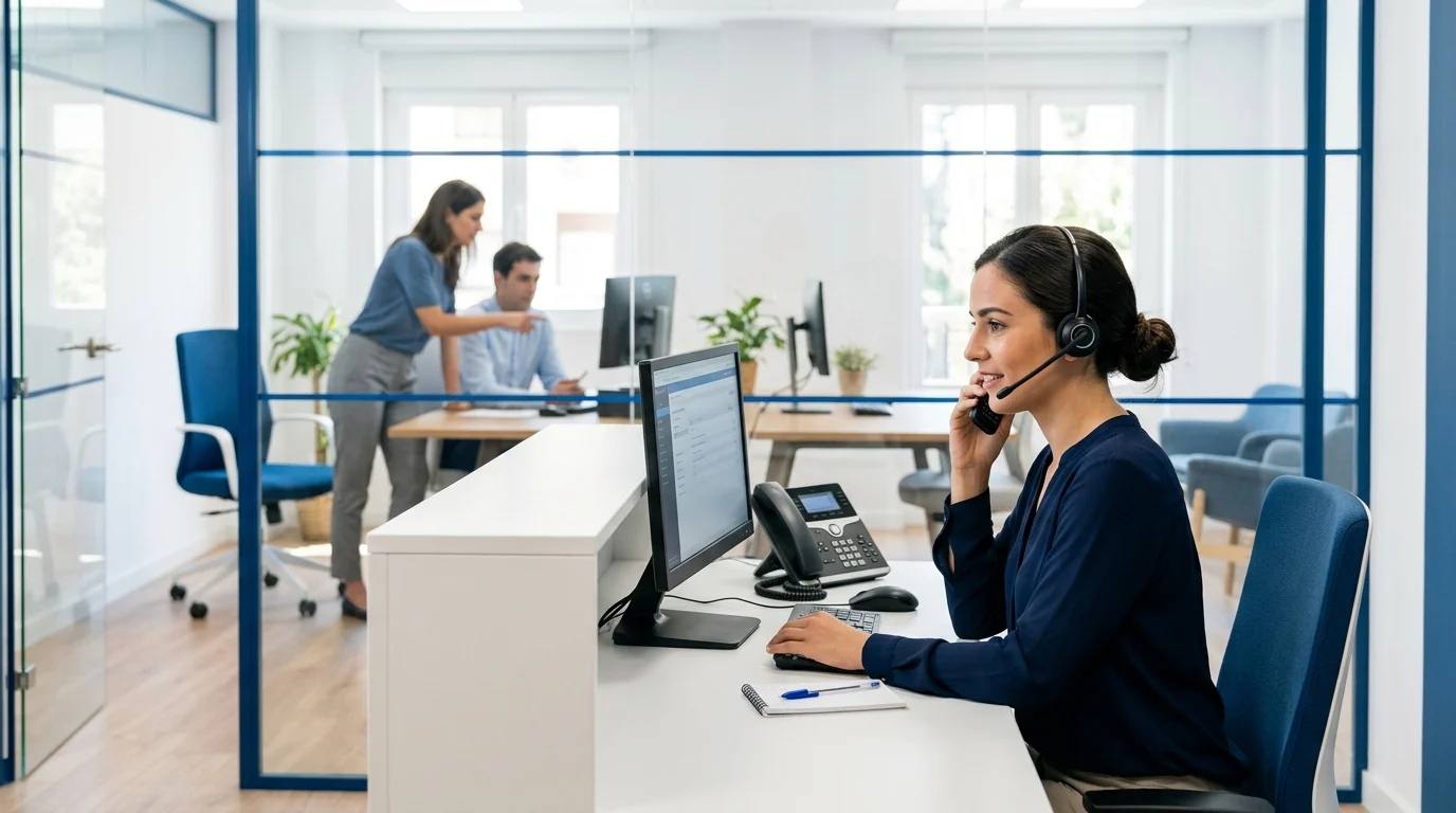 Recepcionista atendiendo llamadas con una centralita virtual para empresas