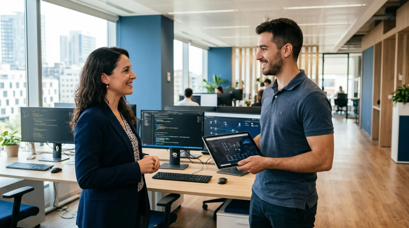 Técnico de mantenimiento informático atendiendo a una responsable de empresa en Barcelona